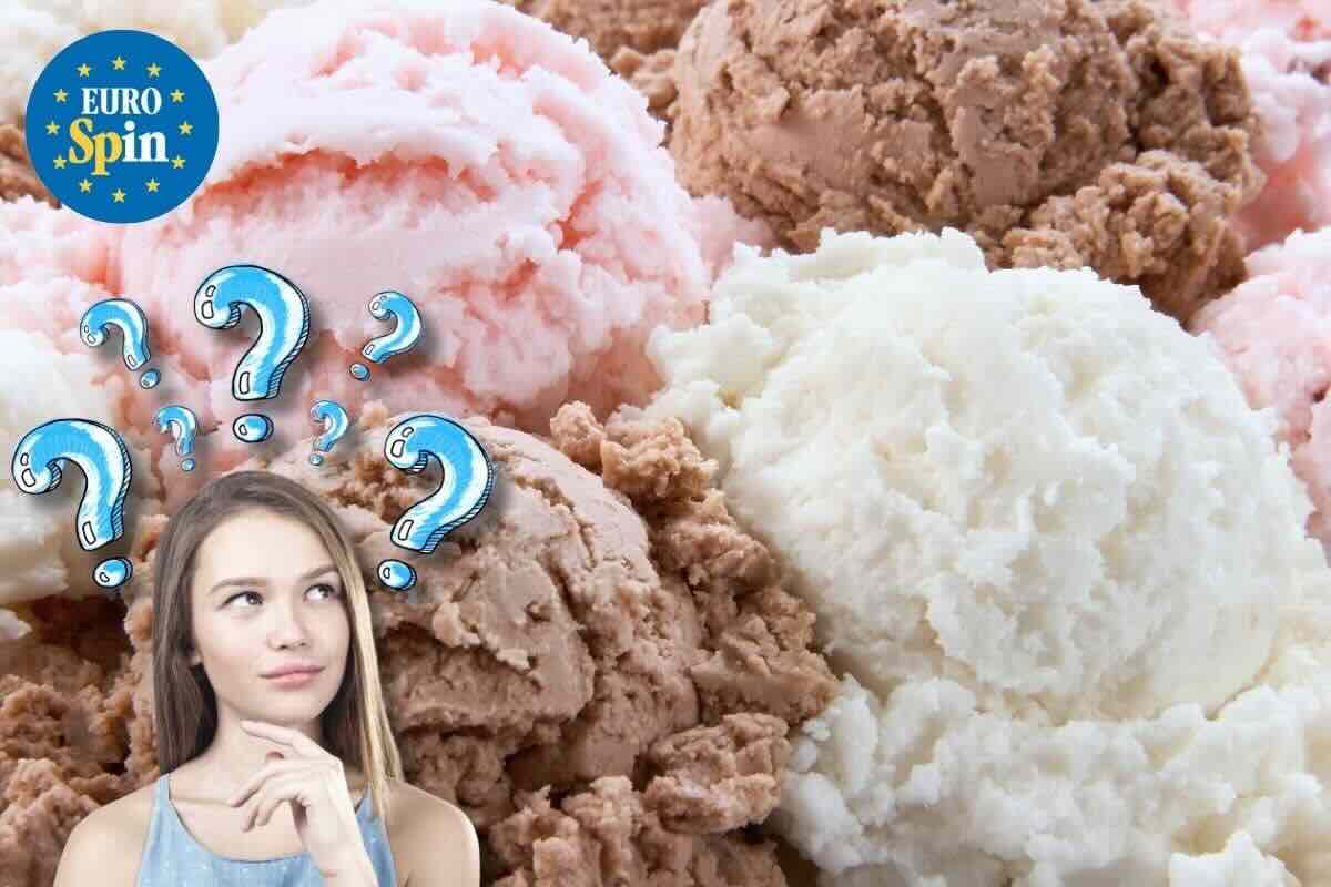 Palline di gelato sul fondo, ragazza con punti di domanda sulla testa, logo Eurospin